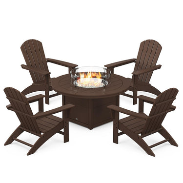 POLYWOOD Nautical 5-Piece Adirondack Chair Conversation Set w/ Fire Pit Table - Mahogany